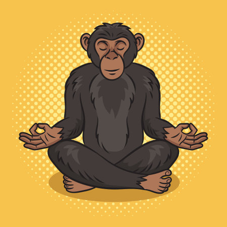 Chimpanzee monkey meditating in Lotus position pinup pop art retro vector illustration. Comic book style imitation.のイラスト素材