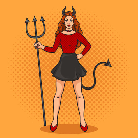 Devil hell girl woman with trident pitchfork color pinup pop art retro vector illustration. Comic book style imitation.のイラスト素材