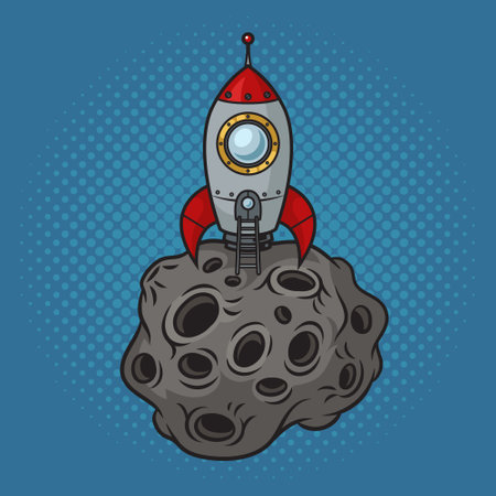 Rocket space ship on cartoon Moon asteroid meteor pinup pop art retro vector illustration. Comic book style imitation.のイラスト素材