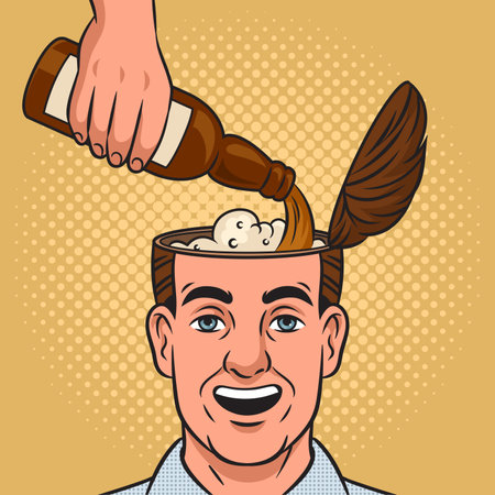 beer is poured into the head of a joyful man pinup pop art retro raster illustration. Comic book style imitation.の写真素材
