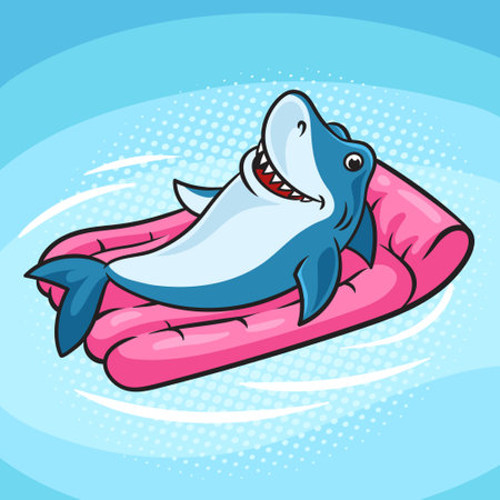 Shark swims on air mattress pop art retro vector illustration. Comic book style imitation.のイラスト素材