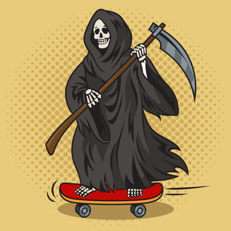Grim reaper death with scythe rides skateboard pop art retro vector illustration. Comic book style imitation.のイラスト素材