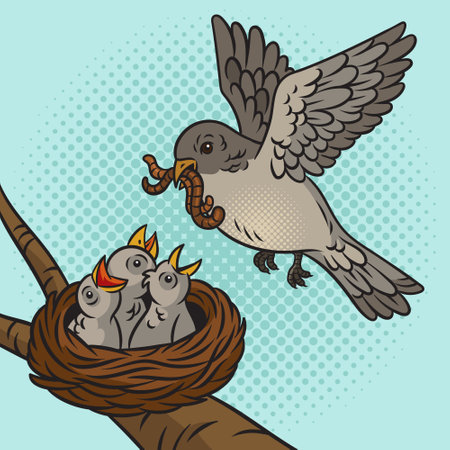 Bird feed chicks pop art retro vector illustration. Comic book style imitation.のイラスト素材