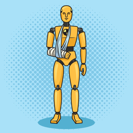 Crash test dummy with broken hand pop art retro vector illustration. Comic book style imitation.のイラスト素材