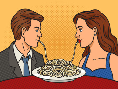 couple in love eating pasta spaghetti pop art retro raster illustration. Comic book style imitation.の写真素材