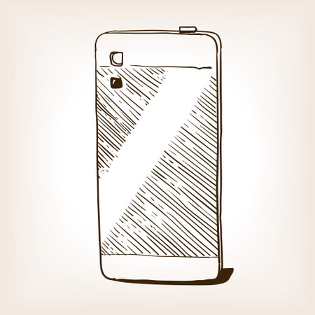 Old camera smartphone sketch brown style vector illustration. Old hand drawn engraving imitation.のイラスト素材