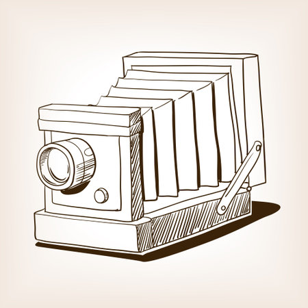 Retro old photo camera sketch brown style vector illustration. Old hand drawn engraving imitation.のイラスト素材