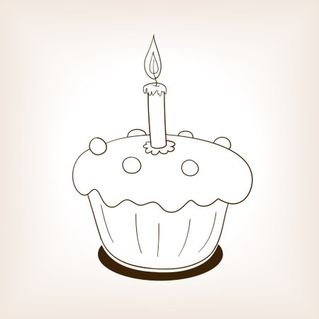 Cupcake with candle sketch brown style vector illustration. Old hand drawn engraving imitation.のイラスト素材