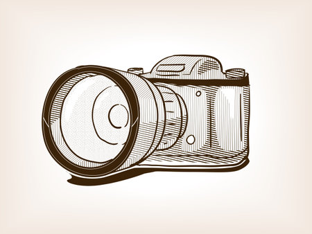Big lens old photo camera sketch brown style raster illustration. Old hand drawn engraving imitation.の写真素材