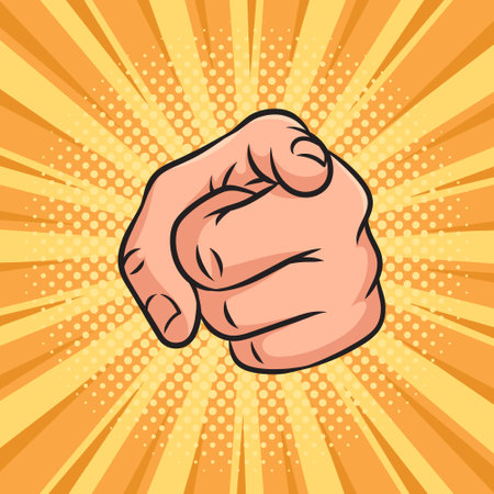 hand pointer points forward direction with index finger pinup pop art retro vector illustration. Comic book style imitation.のイラスト素材