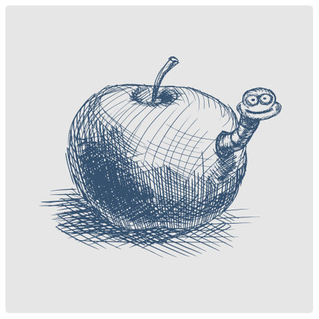 Apple fruit with worm sketch obsolete blue style vector illustration. Old hand drawn azure engraving imitation.のイラスト素材