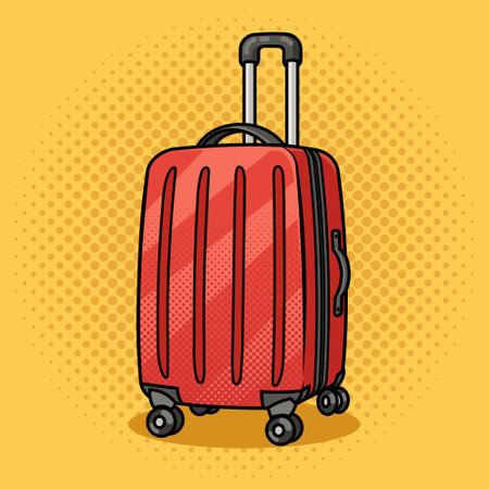 Wheeled travel luggage suitcase with wheels baggage pinup pop art retro vector illustration. Comic book style imitation.のイラスト素材
