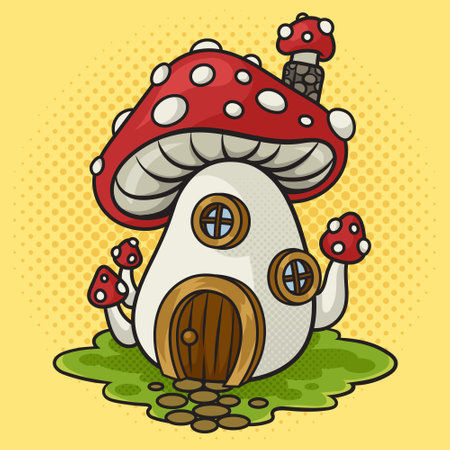 Cartoon mushroom amanita house pinup pop art retro vector illustration. Comic book style imitation.のイラスト素材