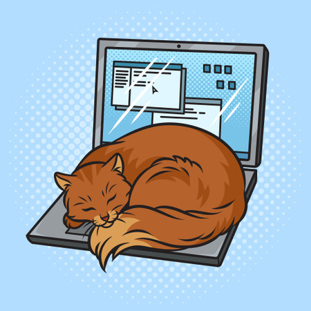 cat sleeping on laptop pinup pop art retro vector illustration. Comic book style imitation.のイラスト素材