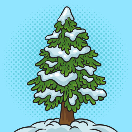 spruce pine tree in snow pinup pop art retro vector illustration. Comic book style imitation.のイラスト素材