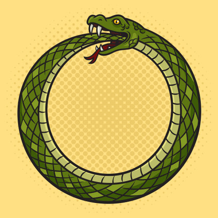 Snake bites itself pinup pop art retro vector illustration. Comic book style imitation.のイラスト素材