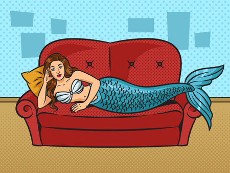 Mermaid lies on sofa pinup pop art retro vector illustration. Comic book style imitation.のイラスト素材