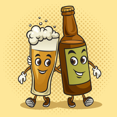 Walking cartoon glass of beer with beer bottle friends pinup pop art retro vector illustration. Comic book style imitation.のイラスト素材
