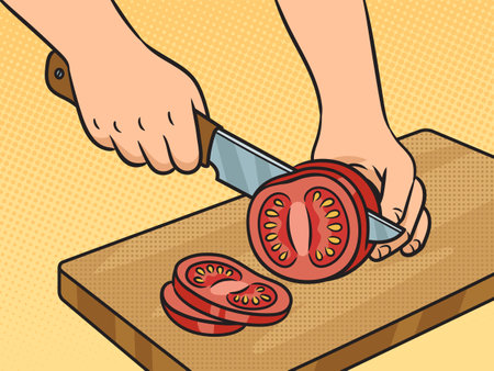 Chef cuts the tomato pinup pop art retro vector illustration. Comic book style imitation.のイラスト素材