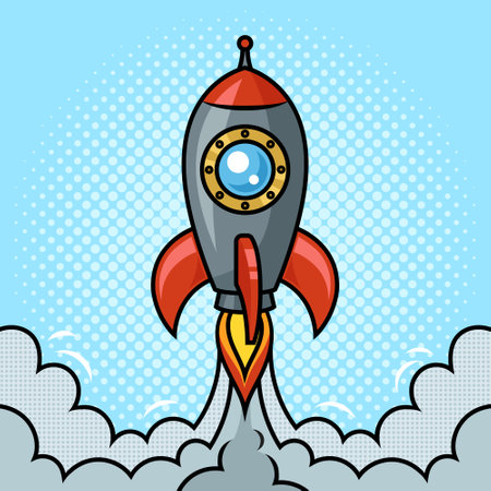 cartoon rocket takes off pinup pop art retro vector illustration. Comic book style imitation.のイラスト素材