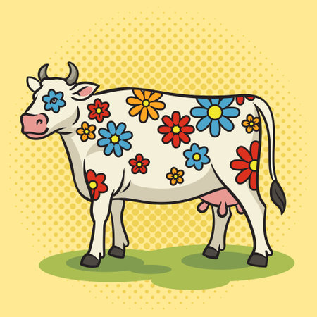 cow with flowers instead of spots pinup pop art retro vector illustration. Comic book style imitation.のイラスト素材
