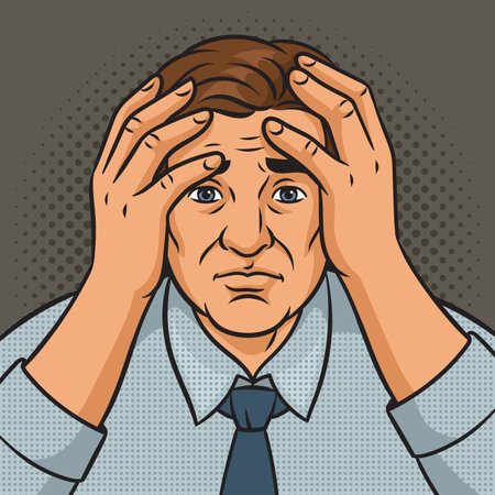 sad man holding his head in grief pop art retro raster illustration. Comic book style imitation.の写真素材