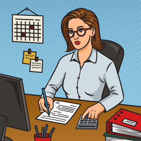 girl accountant at desk pinup pop art retro vector illustration. Comic book style imitation.のイラスト素材