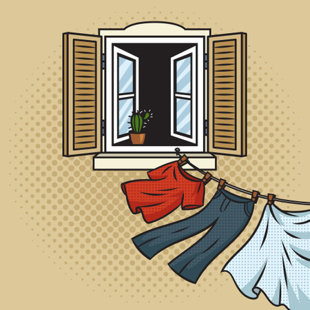 clothes are dried on a rope from the window of the house pop art retro vector illustration. Comic book style imitation.のイラスト素材