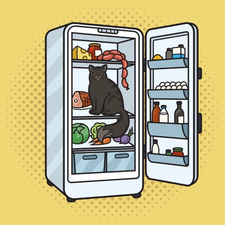 cat in the fridge with food pinup pop art retro vector illustration. Comic book style imitation.のイラスト素材