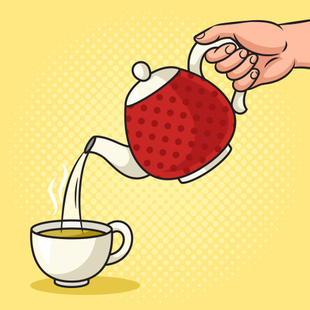 Hand pours tea from teapot into cup pinup pop art retro vector illustration. Comic book style imitation.のイラスト素材