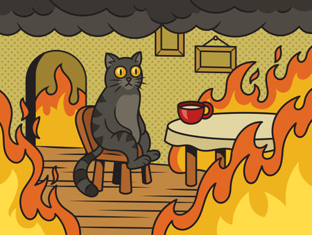 Cat in fire meme This is fine pinup pop art retro vector illustration. Comic book style imitation.のイラスト素材