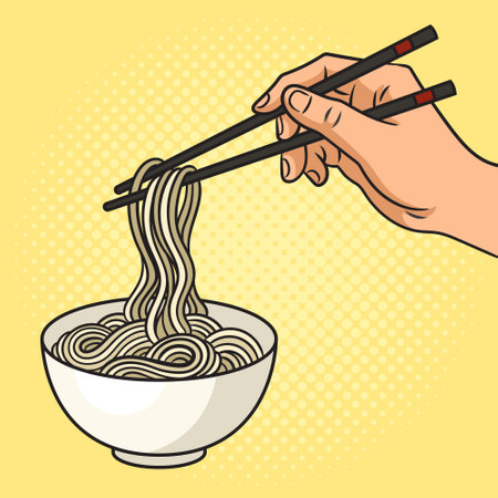 Eating noodles with chopsticks pinup pop art retro vector illustration. Comic book style imitation.のイラスト素材