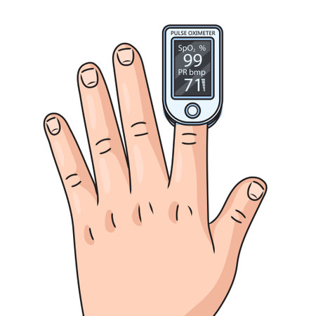 Pulse oximeter probe on finger diagram schematic vector illustration. Medical science educational illustrationのイラスト素材