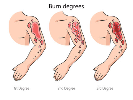 Burn degree diagram schematic raster illustration. Medical science educational illustrationの写真素材
