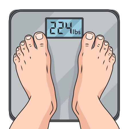 Overweight human feet on scales vector illustration. Medical science educational illustrationのイラスト素材