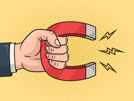 Hand with magnet pinup pop art retro vector illustration. Comic book style imitation.のイラスト素材