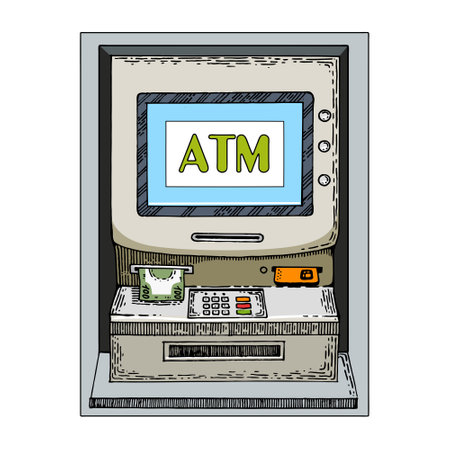 ATM Automated teller machine line art color hand drawn sketch engraving vector illustration. T-shirt apparel print design. Scratch board imitation. Black and white hand drawn image.のイラスト素材
