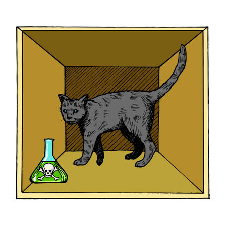 Shroedinger cat in box experiment with poison engraving sketch style hand drawn vector illustration. Interpretation of quantum mechanics. Scientific physical theory. Scratch board style imitation.のイラスト素材