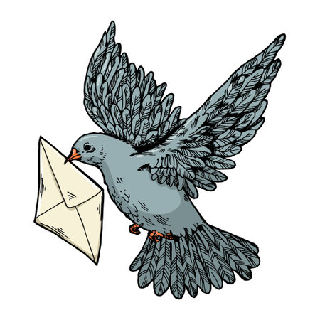 Postal dove pigeon bird with letter engraving sketch style hand drawn color vector illustration. Scratch board style imitation. Hand drawn image.のイラスト素材