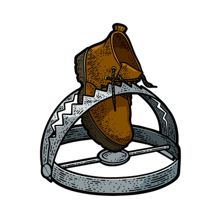 boot in a trap sketch color engraving hand drawn vector illustration. T-shirt apparel print design. Scratch board imitation. Black and white hand drawn image.のイラスト素材