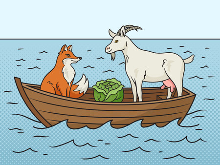 Wolf goat and cabbage problem pinup pop art retro hand drawn raster illustration. Comic book style imitation.の写真素材