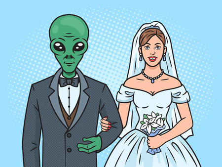 Wedding of girl and alien pinup pop art retro hand drawn vector illustration. Comic book style imitation.のイラスト素材