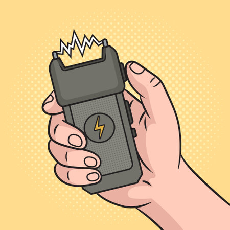 Electric weapon stun gun in hand pinup pop art retro hand drawn vector illustration. Comic book style imitation.のイラスト素材