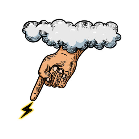 Hand of God sends lightning from sky cloud engraving sketch style hand drawn color vector illustration. Scratch board style imitation. Black and white hand drawn image.のイラスト素材