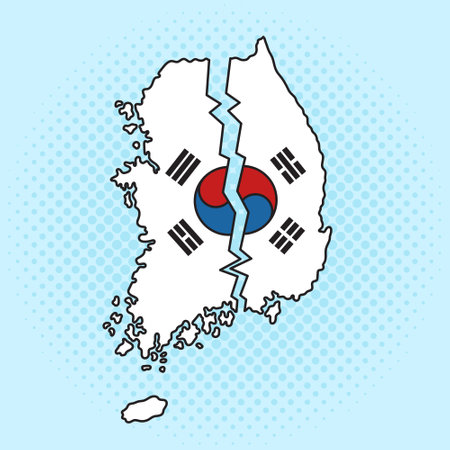 split South Korea country with a crack in the middle pop art retro hand drawn vector illustration. Comic book style imitation.のイラスト素材