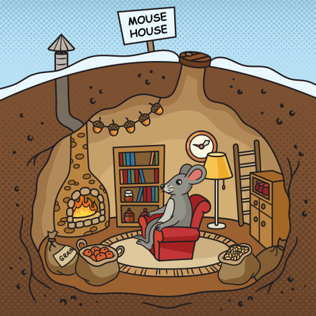 cartoon mouse in cartoon underground house pop art retro hand drawn vector illustration. Comic book style imitation.のイラスト素材