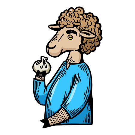 Cartoon sheep eat khinkali engraving sketch style hand drawn color vector illustration. Scratch board style imitation. Black and white hand drawn image.のイラスト素材