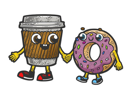 coffee and donut friends walking together sketch hand drawn color engraving vector illustration. Scratch board imitation. Black and white hand drawn image.のイラスト素材