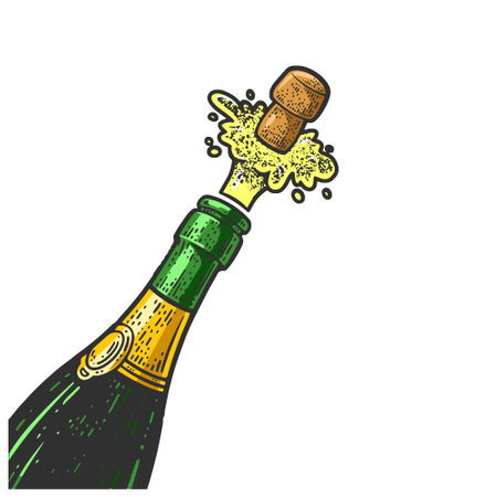 champagne cork flies out of the bottle of sparkling wine sketch hand drawn color engraving vector illustration. T-shirt apparel print design. Scratch board imitation. Black and white hand drawn image.のイラスト素材
