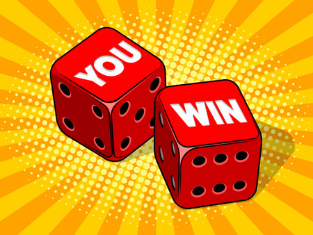 You win on two red dices. Winner concept. Red colorful dice. Pop art style hand drawn color vector...